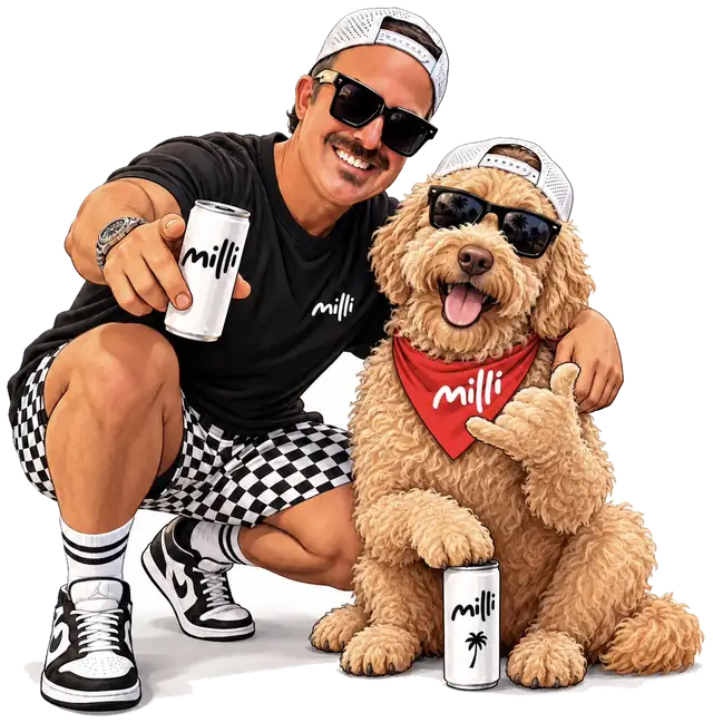 Illustration of Milli founder Matt with his goldendoodle, both holding cans of Milli