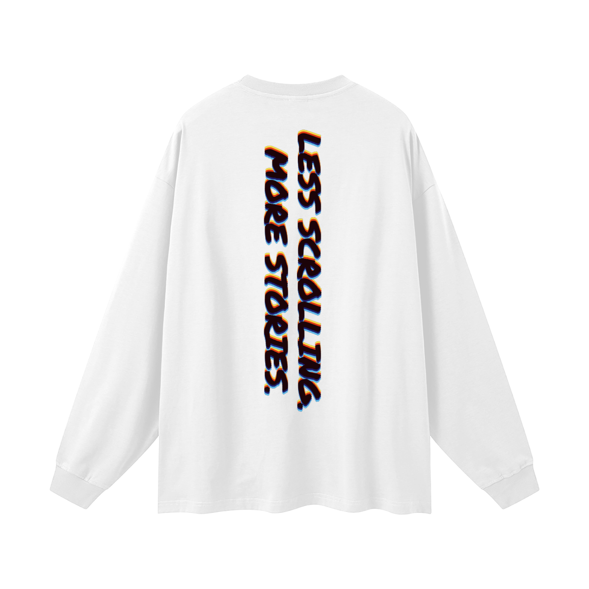Less Scrolling. More Stories oversized long sleeve tee in white by Milli, view 2