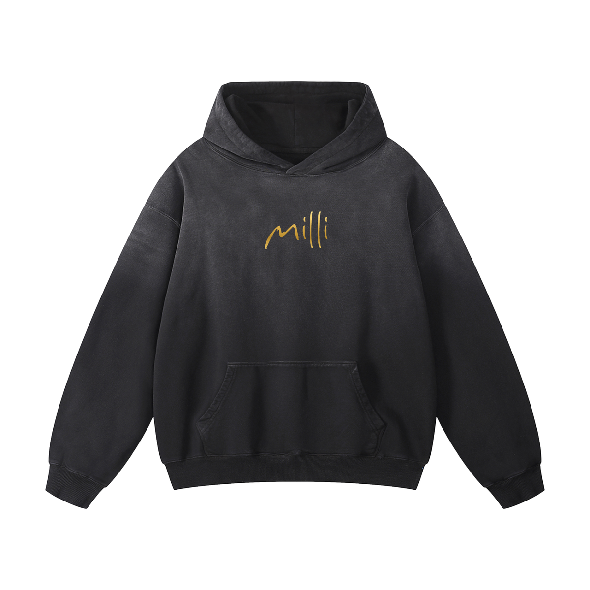 Happy Looks Hot On You sunfade oversized hoodie in black / gold by Milli
