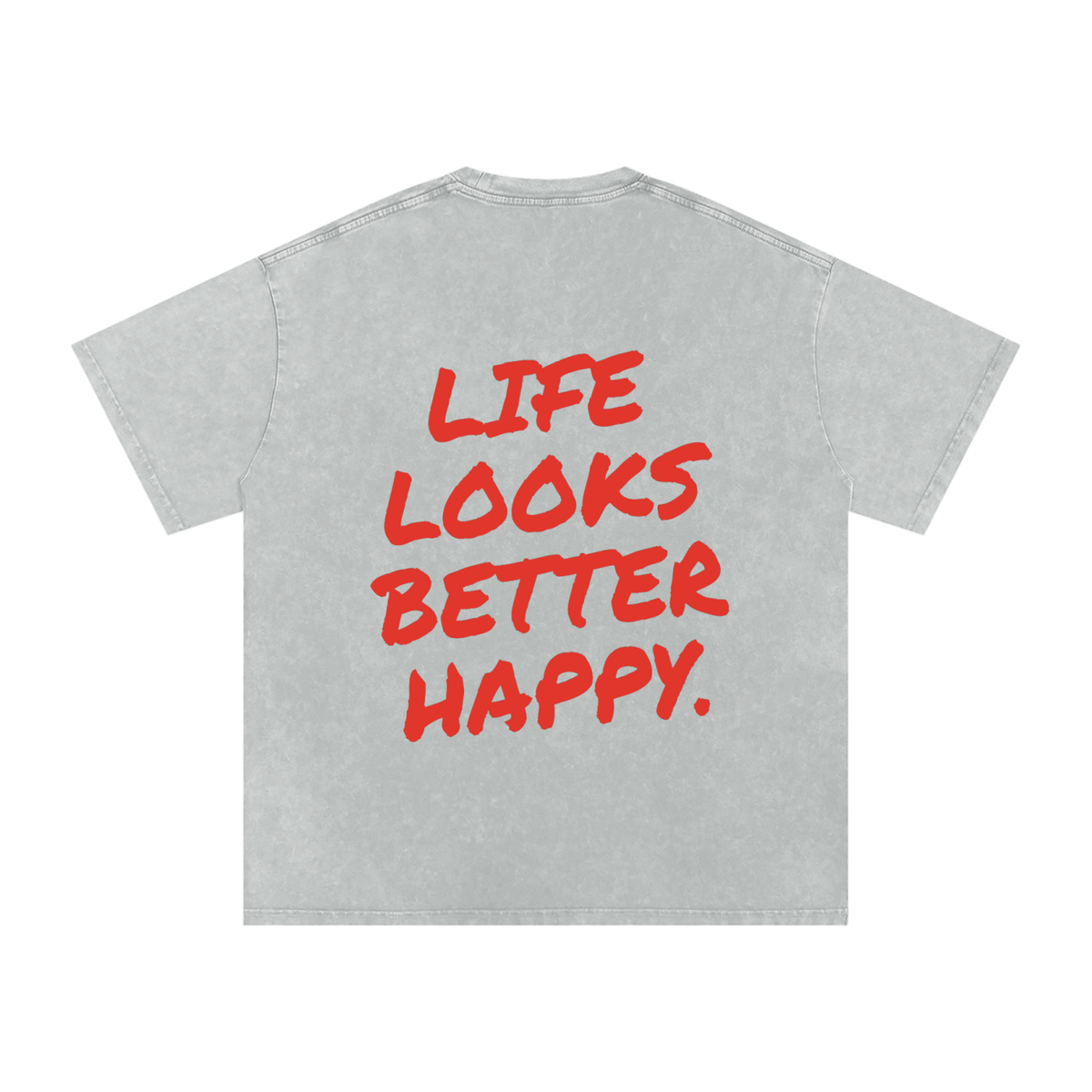 Life Looks Better Happy snow washed oversized tee in light gray by Milli, view 2