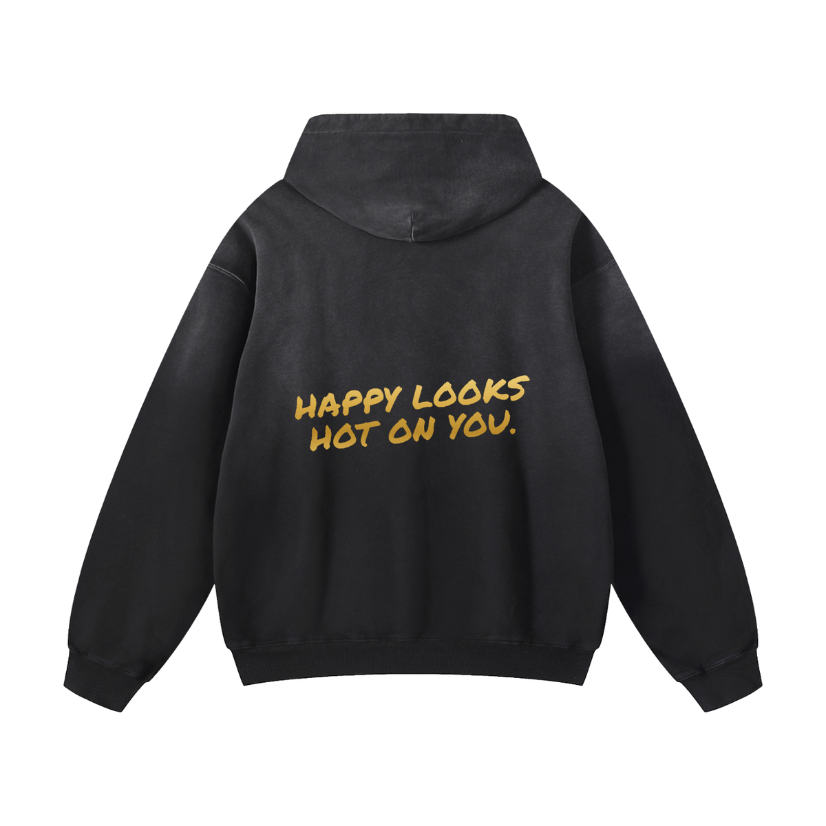 Happy Looks Hot On You sunfade oversized hoodie in black / gold by Milli, view 2