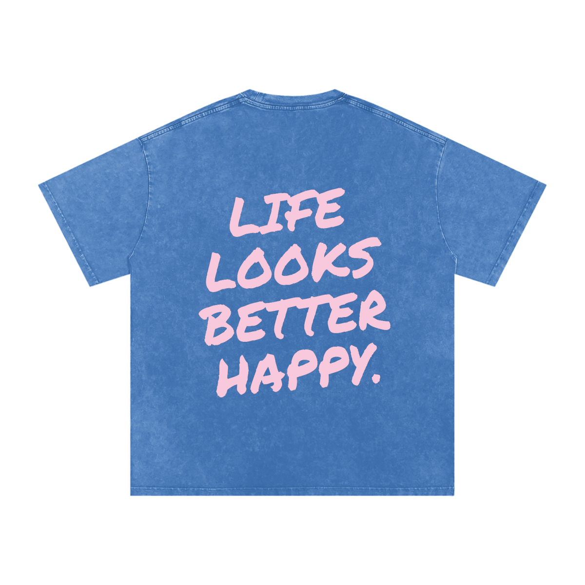 Life Looks Better Happy snow washed oversized tee in light blue by Milli, view 2