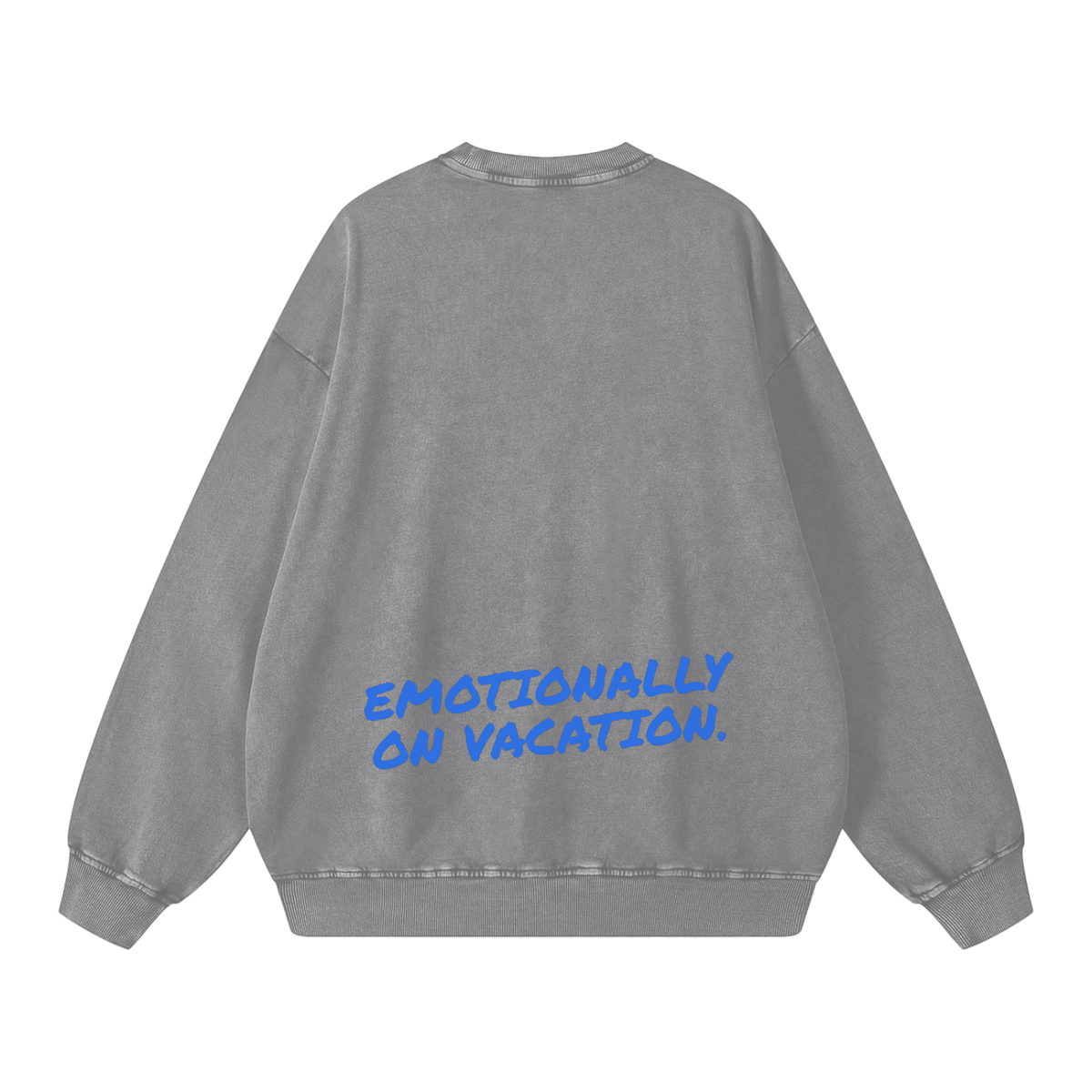 Emotionally On Vacation snow washed crewneck in light gray by Milli, view 2