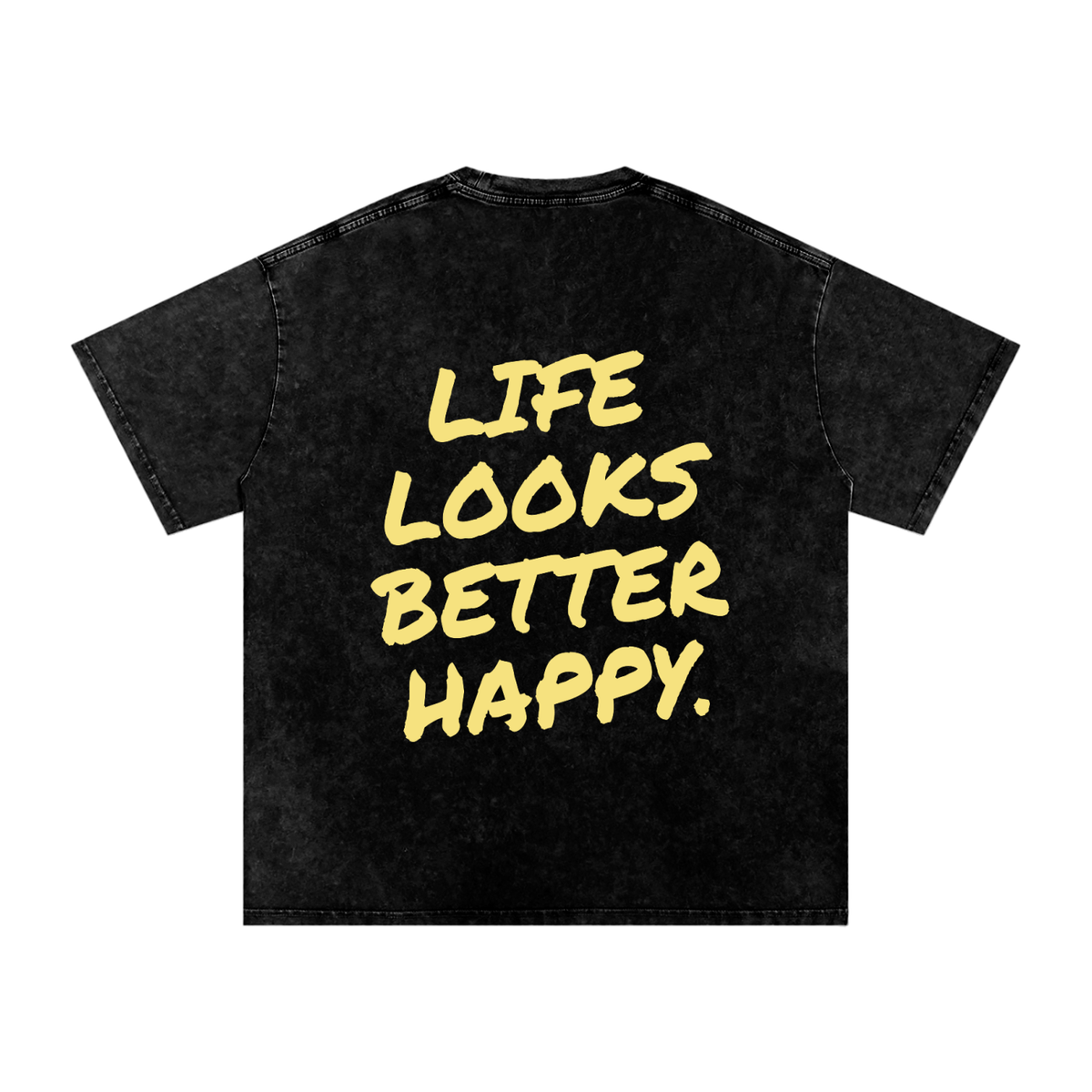 Life Looks Better Happy snow washed oversized tee in black by Milli, view 2