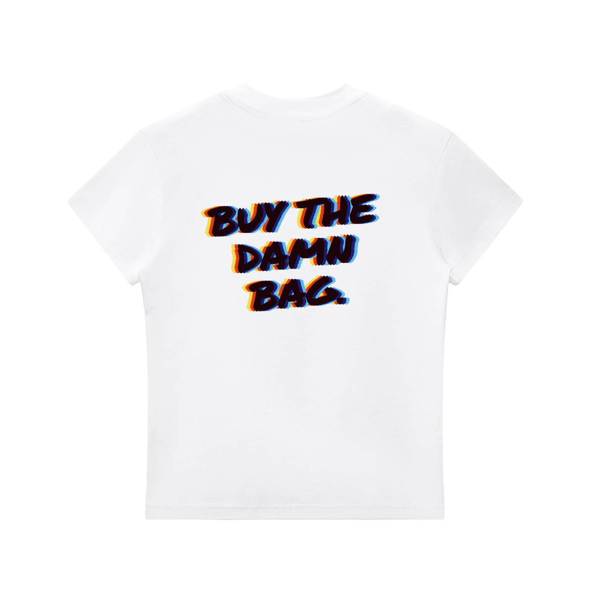 Buy The Damn Bag women's baby tee in white by Milli, view 2