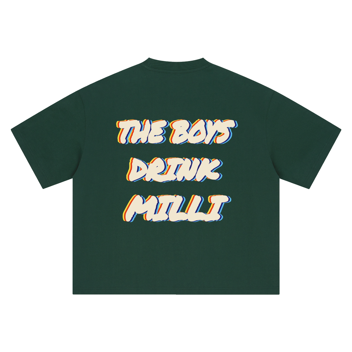 The Boys Drink Milli heavyweight boxy tee in dark green by Milli, view 2