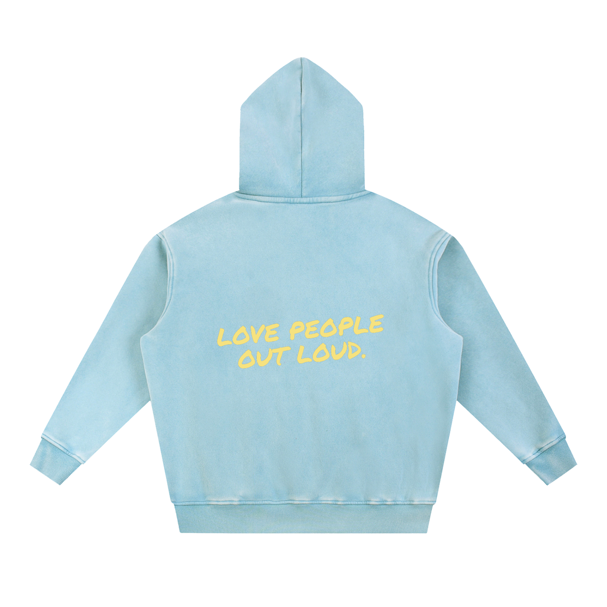 Love People Out Loud snow wash fleece hoodie in lake blue by Milli, view 2