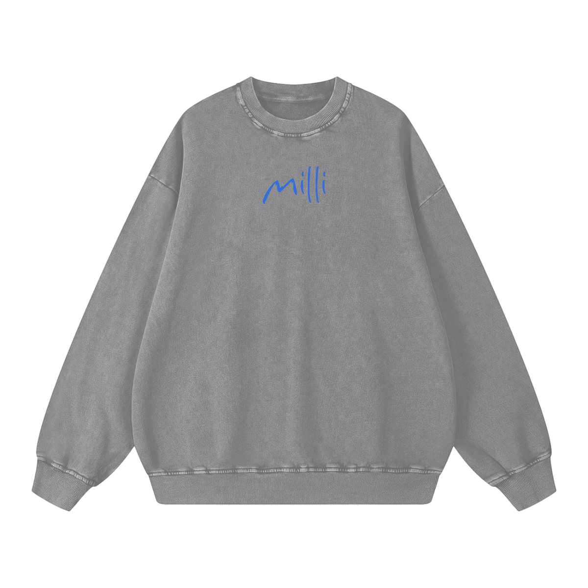 Emotionally On Vacation snow washed crewneck in light gray by Milli