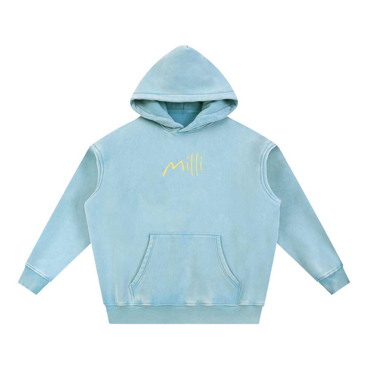 Love People Out Loud snow wash fleece hoodie in lake blue by Milli