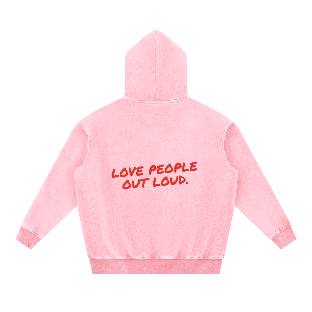 Love People Out Loud snow wash fleece hoodie in pink by Milli, view 2