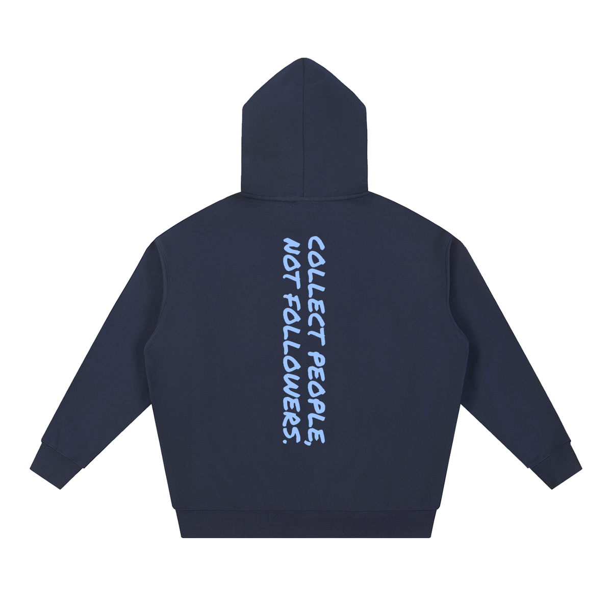 Collect People, Not Followers heavyweight hoodie in navy blue by Milli, view 2