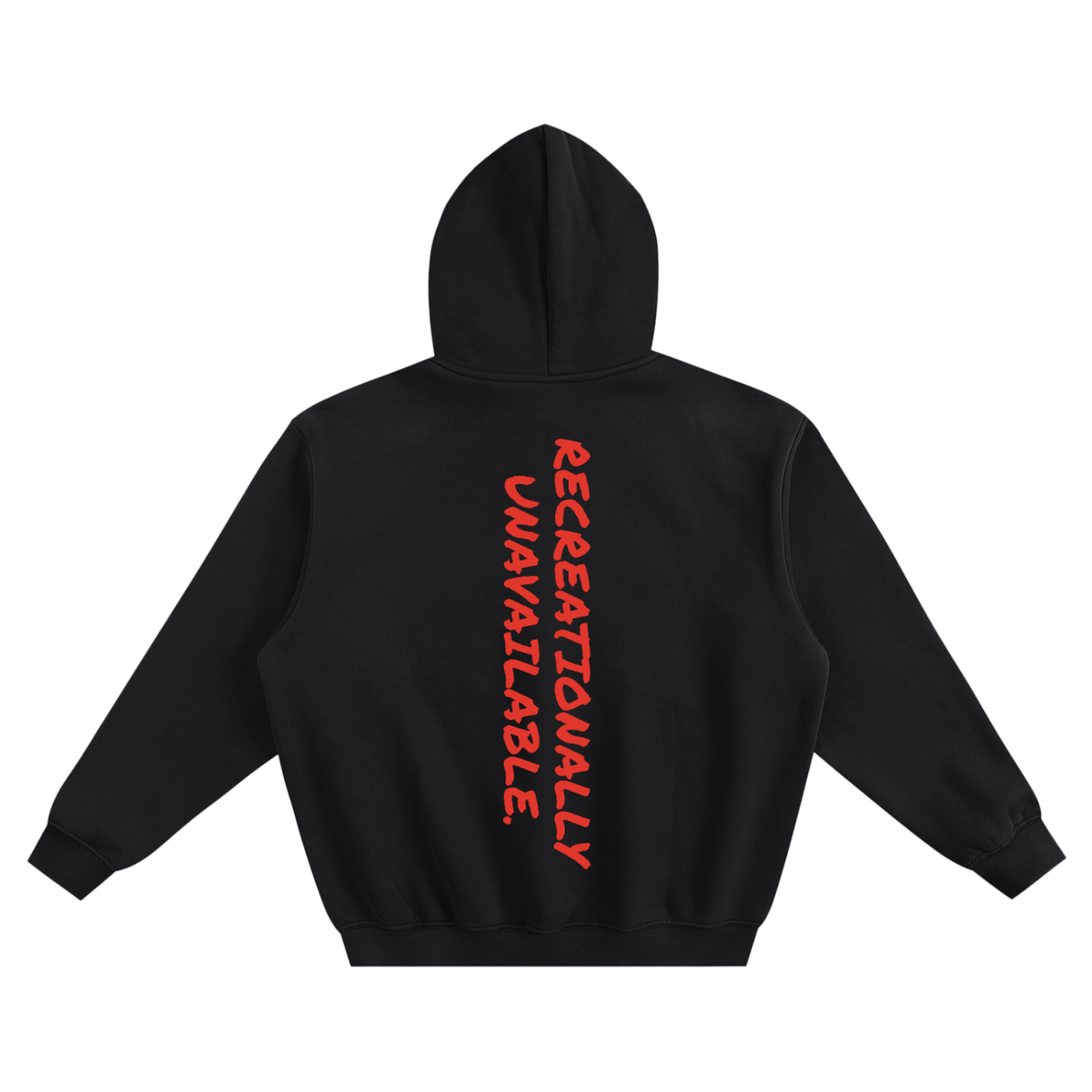 Recreationally Unavailable fleeced boxy hoodie in black by Milli, view 2