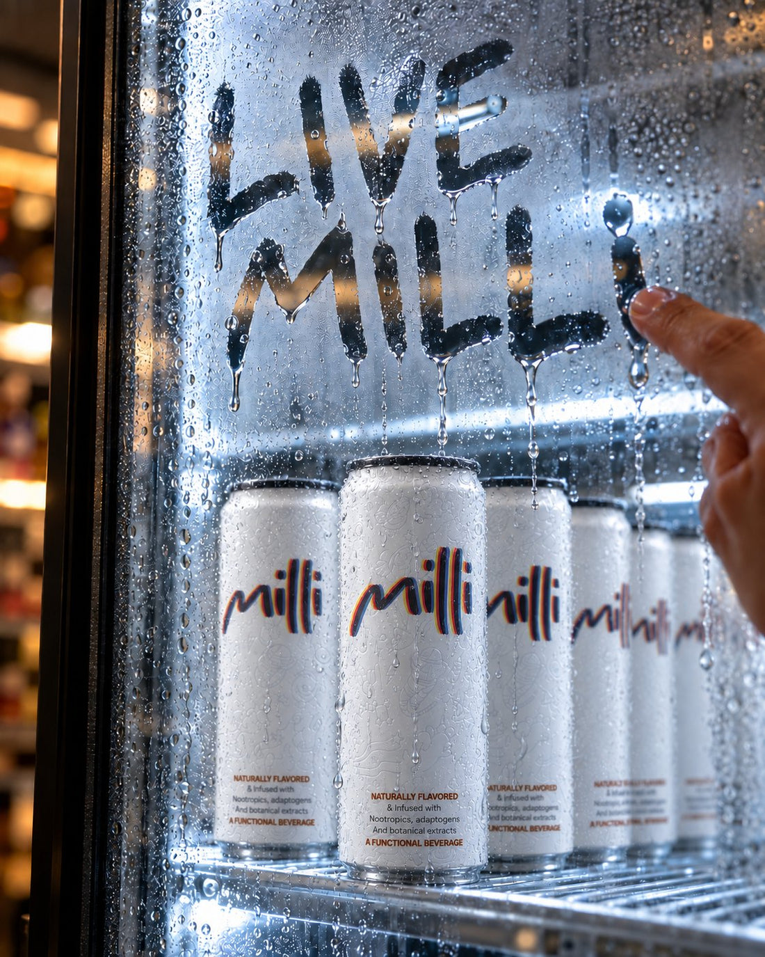 A fogged glass fridge door with LIVE MILLI written in the condensation and rows of Milli cans inside