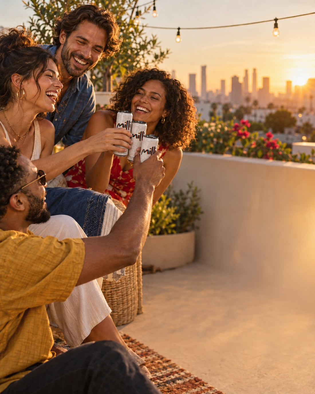 Four friends toast with cans of Milli on a city rooftop at sunset